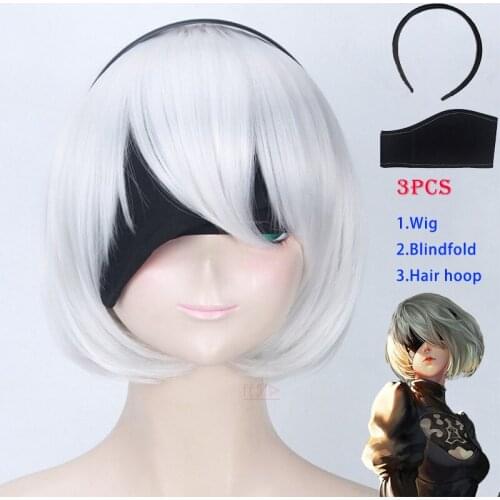 Game NieR: Automata Costume Play YoRHa No.2 Type B 2B YoRH 2A Cosplay Wig White Wig Heat Resistant Fiber Hair Halloween Wig Cap