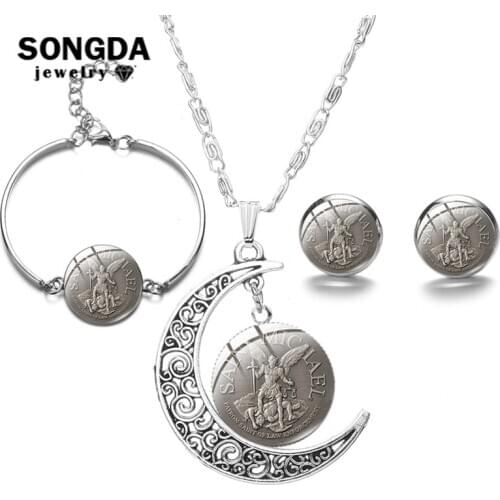 SONGDA Archangel St.Michael Moon Necklaces Dome Glass Shield Protection Pendant Jewelry Set Talisman Christian Holy Gifts Woman