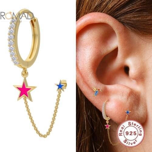 ROMAD 1PCS 925 Silver Hoops Earrings Link Chain For Women Gothic Punk Handcuff Chain Earrings Small Round Jewelry Pendientes