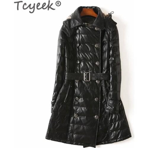 Tcyeek 100% Real Leather Down Coat Female Genuine Leather Duck Down Jacket Women Natural Long Leather Windbreaker Jackets Coats