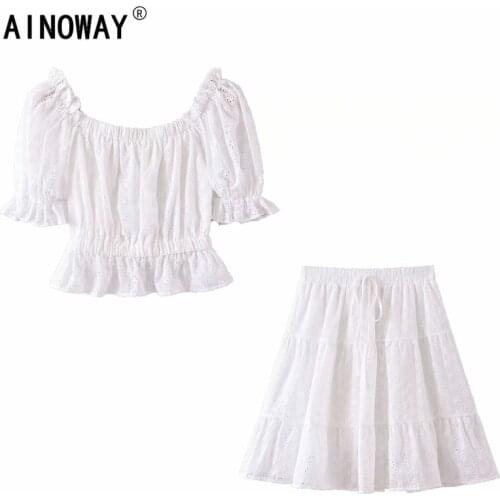 Vintage chic Women white two piece outfits off shoulder short sleeve tops Bohemian lace Drawstring skirts 2 pieces Boho sets