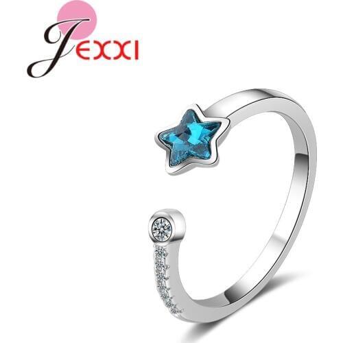 New Arrival Personality Blue Star Sparking Rhinstone 925 Sterling Silver Opening Finger Ring For Woman Girls Birthday Gift
