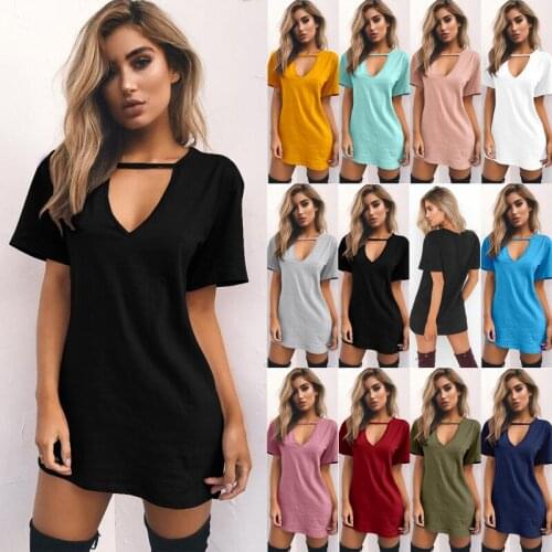 2021 new hot summer womens solid loose short sleeve deep V-neck hollow T-shirt dress
