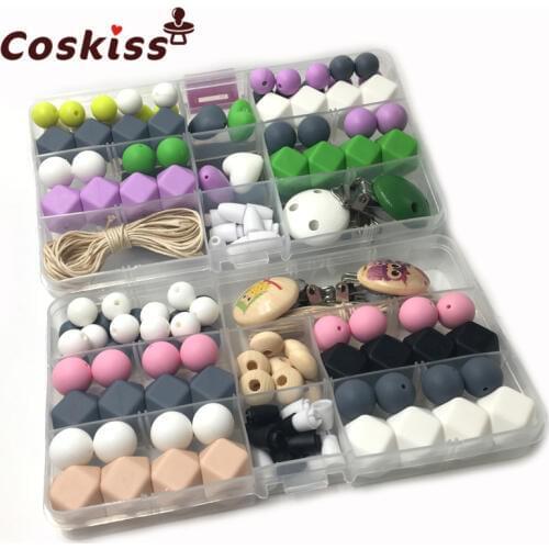 2 Boxes Baby Teether Toys Silicone Teething Kit Geometric Hexagon Silicone Crochet Beads Teething DIY Nursing Necklace