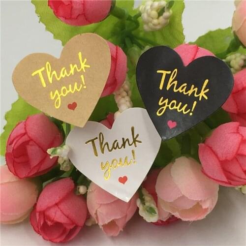 200Pcs Kawaii Gold Stamping Thank You Heart Shape Kraft Paper Sticker Wedding Party Cake Decoration Labels Stickers