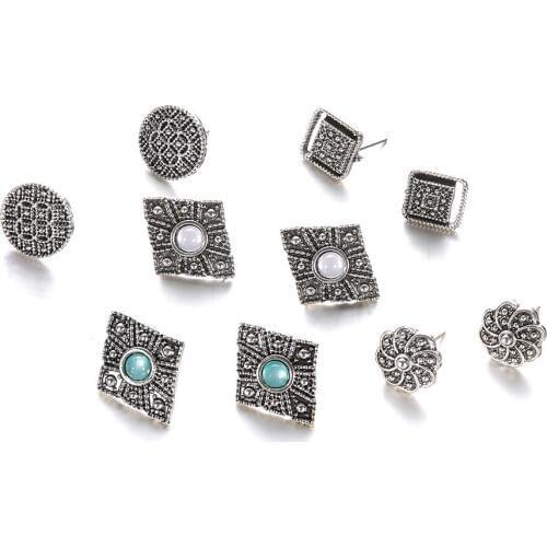 5 Pairs/Set Vintage Stud Earrings For Women Hollow Carved Flower Blue Resin Stone Earring Ethnic Retro Silver Color Ear Jewelry