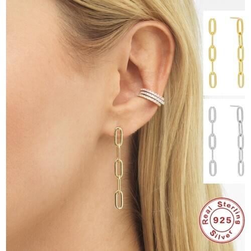 Aide 925 Sterling Silver Gold Ovals Locker Chain Drop Earrings Luxury Women Plain Circle Chain Rock Punk Earrings Fine Jewelry