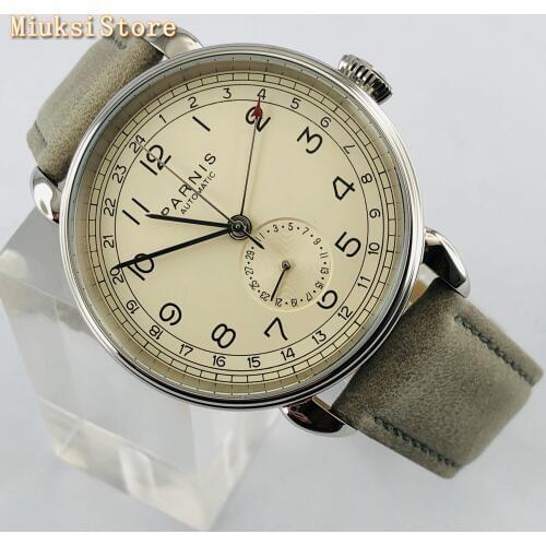 Parnis new top mens automatic mechanical watch 42mm silver case GMT arab mark date window leather mens watches
