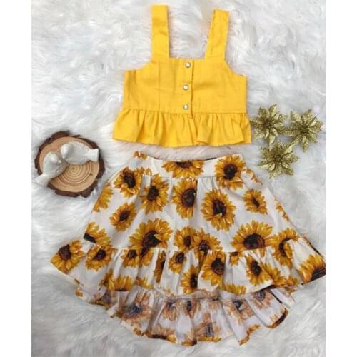Kids Toddler Baby Girls Sleeveless Crop Top Single Breasted Vest Sunflower Ruffle Skirts Outfits Clothes 2PCS Suit 0-5T