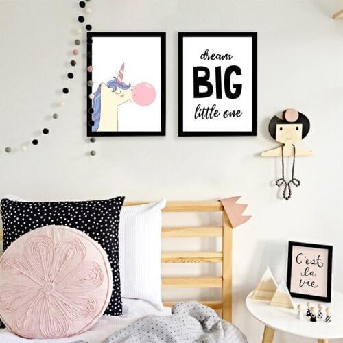 Dream Big Little One - Kids Inspirational Quote Print Poster , Pink Unicorn Canvas Painting Wall Picture Baby Girls Room Decor