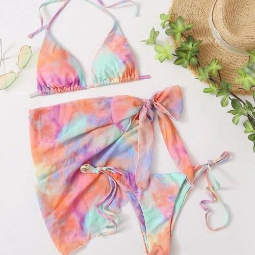 Women Sexy 3pcs Gradient Rainbow Bikini Set Halter Brazilian Swimsuit with Sarong Cover Up Beach Skirt Bathing Suit