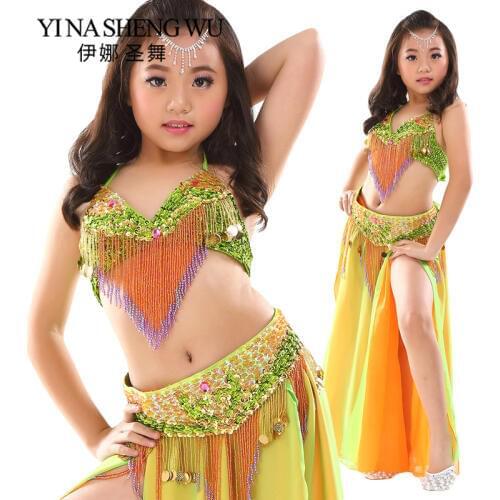 Girls Belly Dance Set New Kids Dance Practice Costume Beaded Tassel Chiffon Double Slit Stage Performance Costumes 2Pcs/3Pcs Set