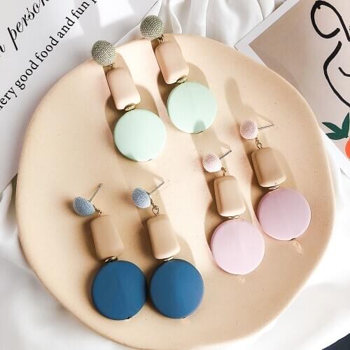 Korea Dongdaemun acrylic long pendant earrings female irregular simple geometric contrast color round square button earrings