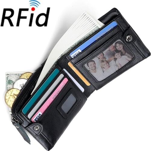 Fashion Mens Wallet Zipper Business Credit Card Holder RFID Blocking Anti Magnetic Genuine Leather Coin Purse Wallet for Men