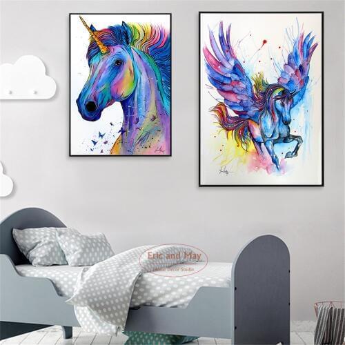 Colorful Unicorn Watercolor Canvas Painting Wall Art Nordic Decoration Home Modern Poster For Childrens bedroom Room Unframed