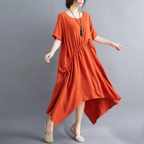 Summer Plus Size Cotton And Linen Short Sleeve Dress Women Clothing Solid Loose Drawstring Lace up Irregular Vestidos 2020 Z245