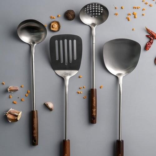 Spatula Household Comfortable Wooden Handle Stainless Steel Spatula Steak Spatula Cooking Soup Ladel Hot Pot Slotted Ladle