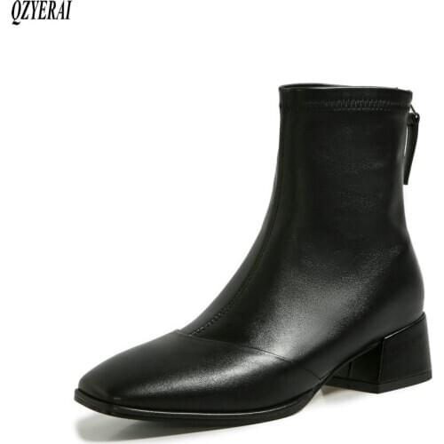 New winter 2020 Genuine leather Women boots Chelsea boots Fashion boots black gray Women shoes Size 34-43 Med (3cm-5cm) Ankle