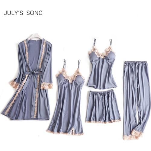 JULYS SONG 5 Pieces Pajama Set Sexy Lace Satin Sleepwear Women Summer Spring Fashion Pajamas for Women Robe Sleep Lounge