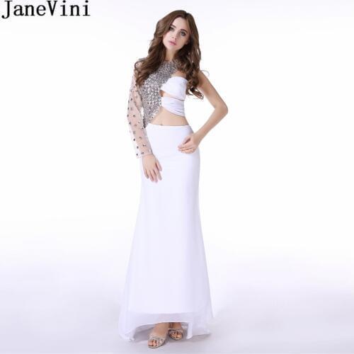JaneVini Arabic White Long Sleeve Bridesmaids Dresses For Wedding Party Crystal Sweep Train Prom Dress 2018 Mermaid Formal Gowns