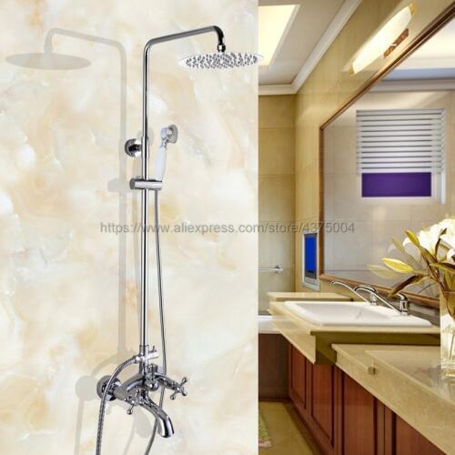 Polished Chrome Wall Mount 8" Rain Shower Faucet Set Dual Handles Swivel Tub Spout Bath Shower Mixers + Handshower Ncy353