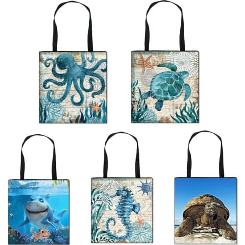 Seahorse Octopus Undersea Word Casual Totes Bag Women Handbags Reusable Shopping Bag Women girls bookbag Canvas Totes