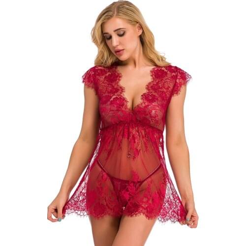 Transparent Chiffon Nightdress Sexy Lingerie Porno Costumes Women Erotic Lace Babydoll Chemise Sex Sleepwear Underwear Nightgown