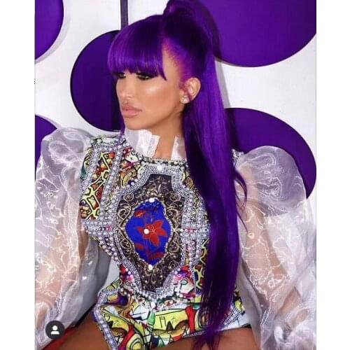 Multi-color Pattern Rhinestone Pearl Shirt Short Transparent Lace Sleeves Outfit Women Dancer Show Outfit Set