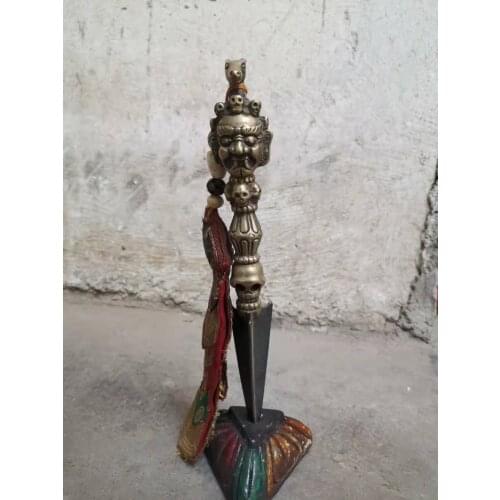 Home Decor 9" Tibet Buddhism Old Bronze Statue of Mahakala Skull Dorje Vajra Phurba Dagger Holder faqi Bodhi root base Exorcism