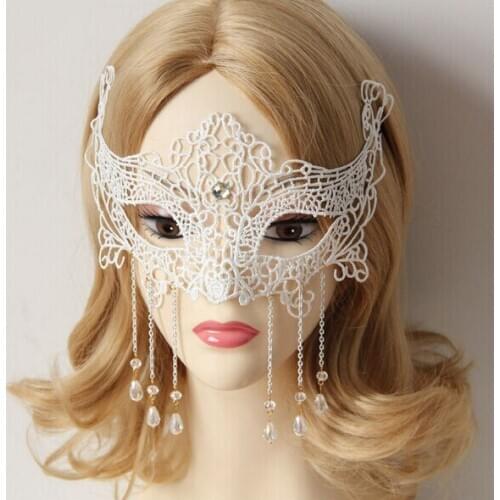 Trendy Halloween Head Mask for Adults, Ghost Dance Crystal White Lace Masquerade for Women Costume Ball Party Marks Woman