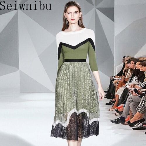 Seiwnibu Knitted 2 Piece Set Women Long Sleeve Pullover Sweater + lace Skirt Set Lady Runway Knitting Skirt Suit