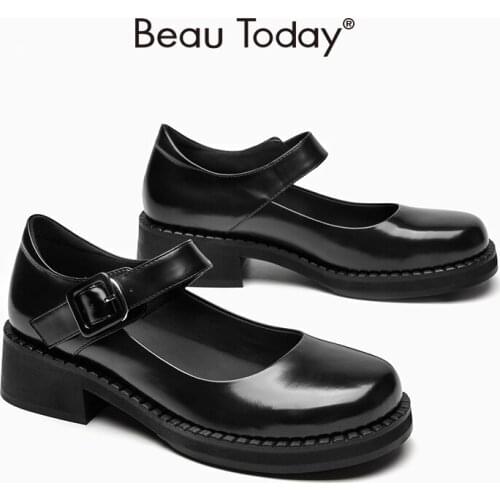 Lolita Shoes Women Mary Janes Cow Leather Round Toe Flats Buckle Strap Casual Ladies Uniform Shoes Handmade BeauToday 28407