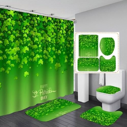 Green Clover Grass 3D Shower Curtain Simple Design No Slip Rug Mat Lid Toilet Cover Bathroom Curtain Waterproof Polyester 4PCS