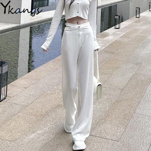 Irregular Waist High Street Hollow Out Sexy Wide Leg Pants Women Y2k Korean Solid Color Harajuku Casual Straight Trousers Female