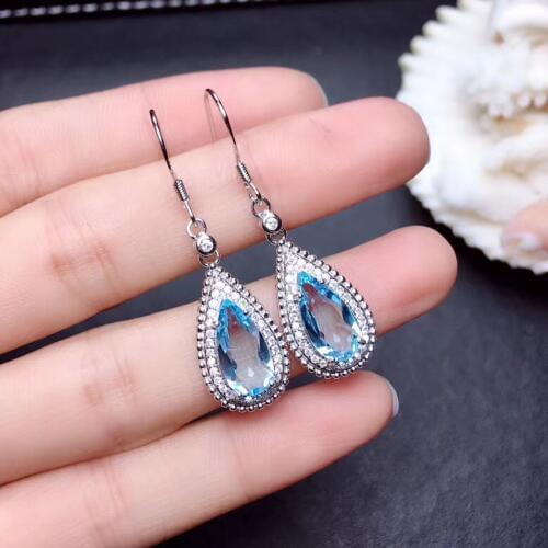 Natural blue topaz gem drop earrings 925 silver natural gemstone earrings Luxury long big Water droplets women party jewelry