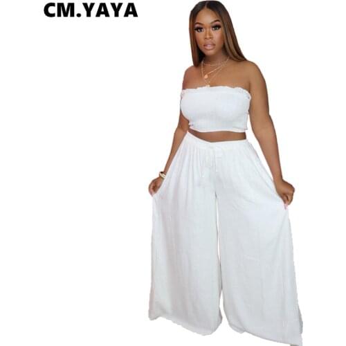 CM.YAYA Women Set Solid Sleeveless Strapless Crop Tops Loose Wide Leg Pants Two Piece Sets Sexy Fashion Streetwear Summer Outfit