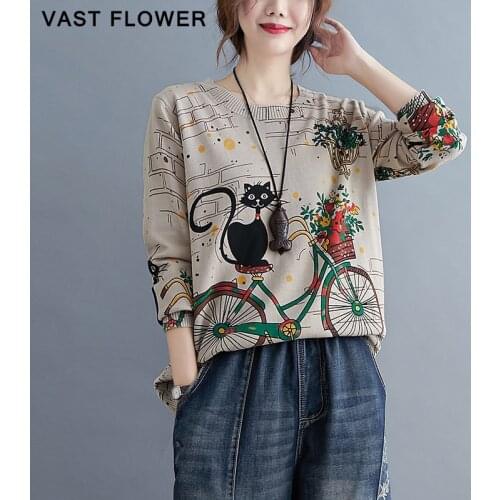 Cartoon Print Vintage Plus Size Sweater Women Long Sleeve Pullover 2021 New Spring Autumn Fashion Loose Knitted Sweater Clothes