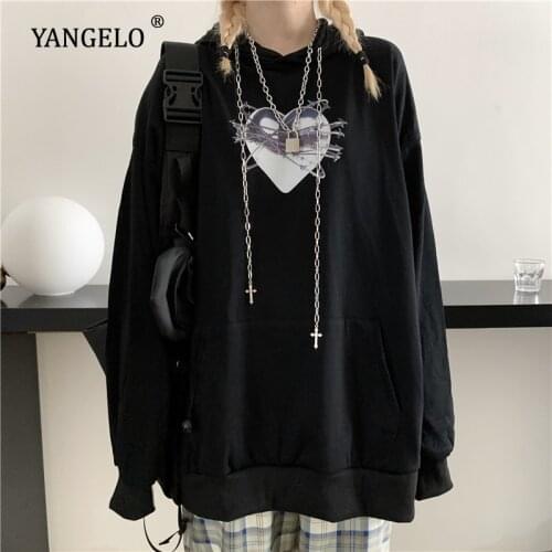 Harajuku Womens Hooded Sweatshirt Love Print Hoodies One Piece New Fall Loose Tops Girls Black and White Oversized Pullover