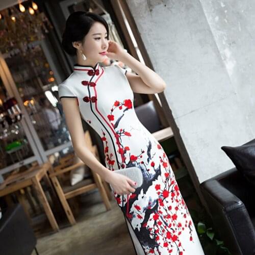 4XL White Red Plum Long Qipao Dresses Womens Evening Banquet Cheongsam Dress Beautiful Long Qipao Chinese Clothing