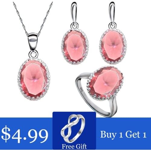 Red Crystal Silver 925 Jewelry Set For Women Free Gift Party Women Ring Earrings Necklace Pendant Wedding Jewelry