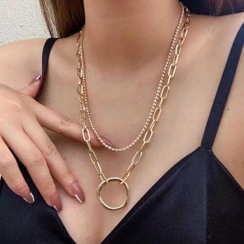 AENSOA Multilayered Big Round Circle Metal Pendant Choker Necklace for Women Wedding Punk Gold Color Crystal Long Chain Necklace
