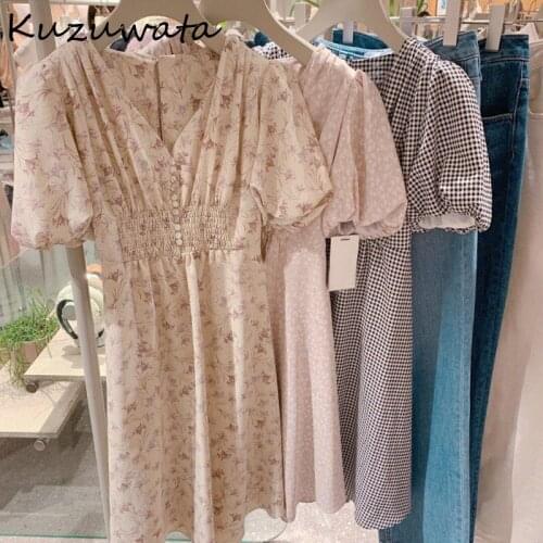 Puff Neck V Sleeve Print Empire Vestidos Office Lady Temperament Femme Robe 2021 Spring Summer New Design Dresses