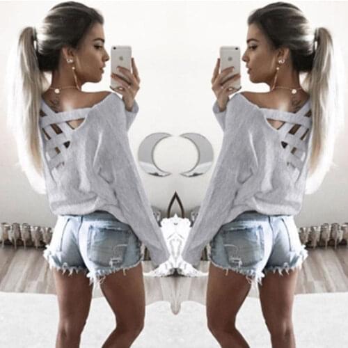 017 Summer Fashion Women T-Shirts Long Sleeve Sexy Back Cross Loose Sexy T Shirts Women Lace Up Tops Tees T Shirt