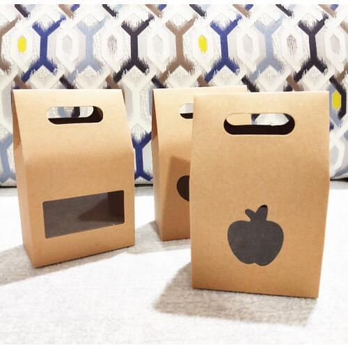20pcs 10x6x16cm Brown Natural Kraft Paper Gift Tote Bag High Capacity Box With Clear PVC Apple Window Heart Shopping Package Bag