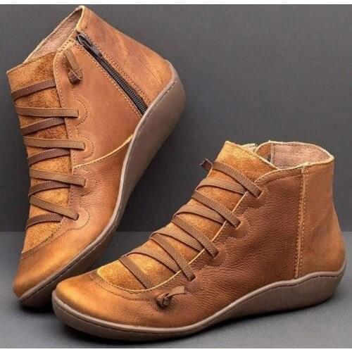 Womens PU Leather Ankle Boots Women Autumn Winter Cross Strappy Vintage Women Punk Boots Flat Ladies Shoes Woman Botas Mujer