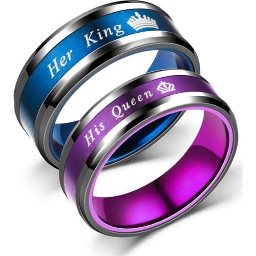 Hot Sale Her King His Queen Couple Rings Stainless Steel Letter Crown Design Romantic Anniversary Wedding Band Ring