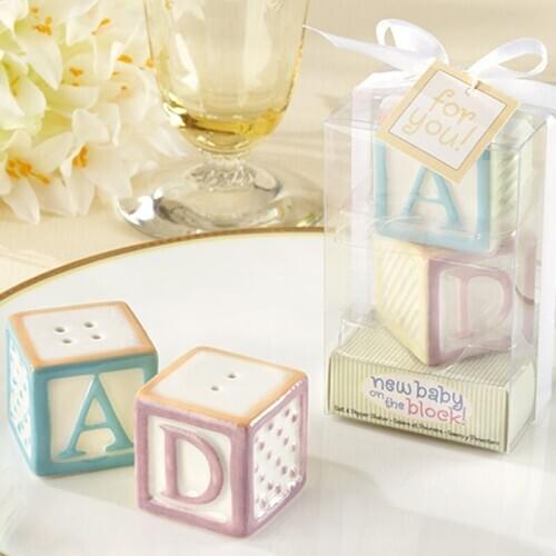 Free Shipping 200pcs=100sets "New Baby on the Block" Ceramic Baby Blocks Salt & Pepper Shakers Wedding Favor Baby shower favor