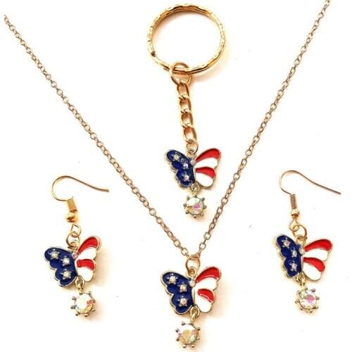 Crystal rhinestone butterfly jewelry set pendant necklace girl earrings link chain jewellery set women fashion lady party gift