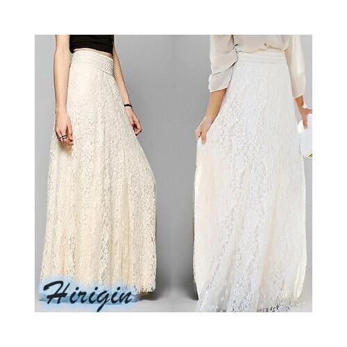 Summer Skirts Women Double Lace Layer Chiffon Pleated Long Maxi Skirt Lace Hollow Out Elastic Waist Casual Long Skirt