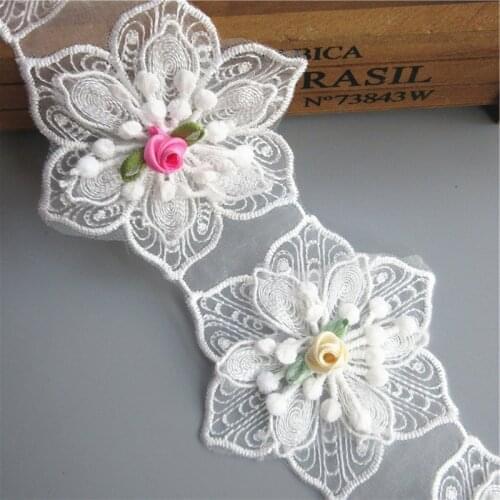 HOT 1 yard 8cm Wide 3D White Cotton Hexagonal Flower Embroidered Lace Trim Ribbon Sewing Supplies Craft For Costumes Decoration